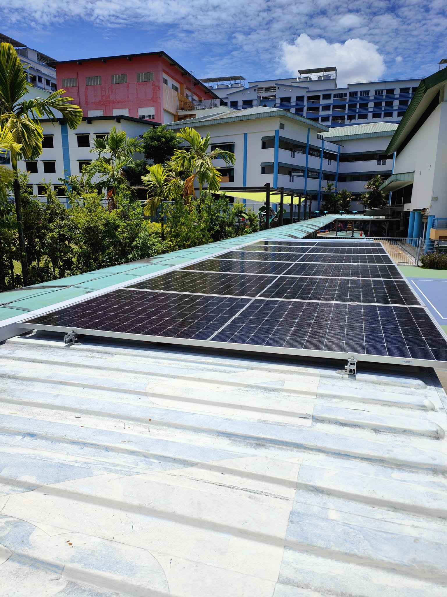 View of multiple solar panels installed on the roof structure